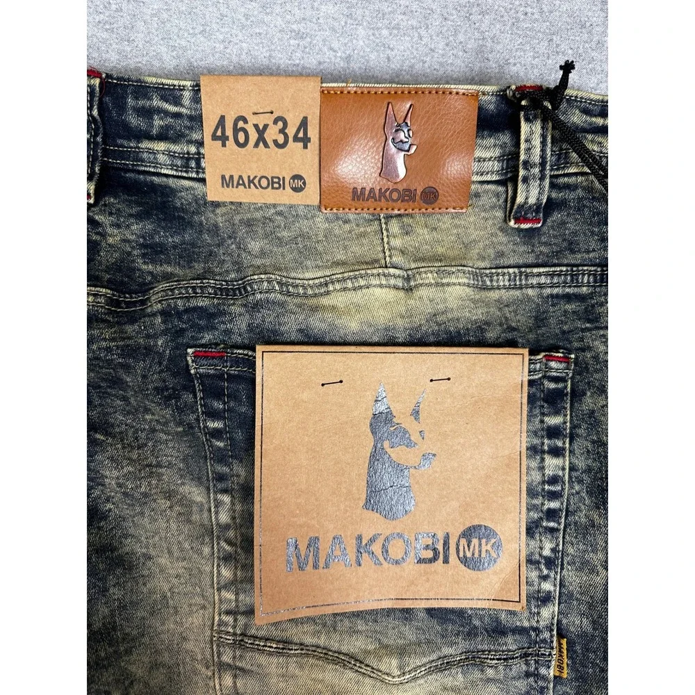 Makobi Jeans Mens 46x34 Blue Acid Wash Distressed Side Stripe Moto Streetwear